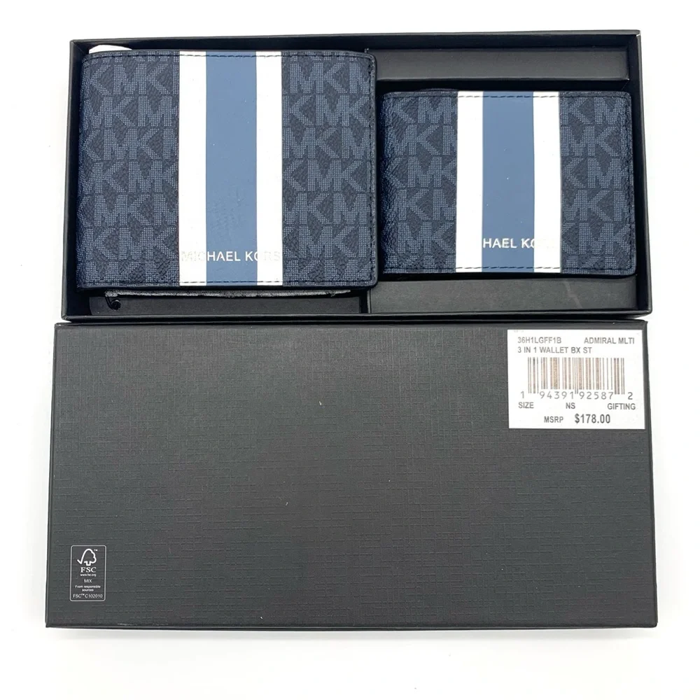 MICHAEL KORS 💥NWT💥 Men’s Navy Stripe MK Logo Wallet Set - Picture 2 of 6